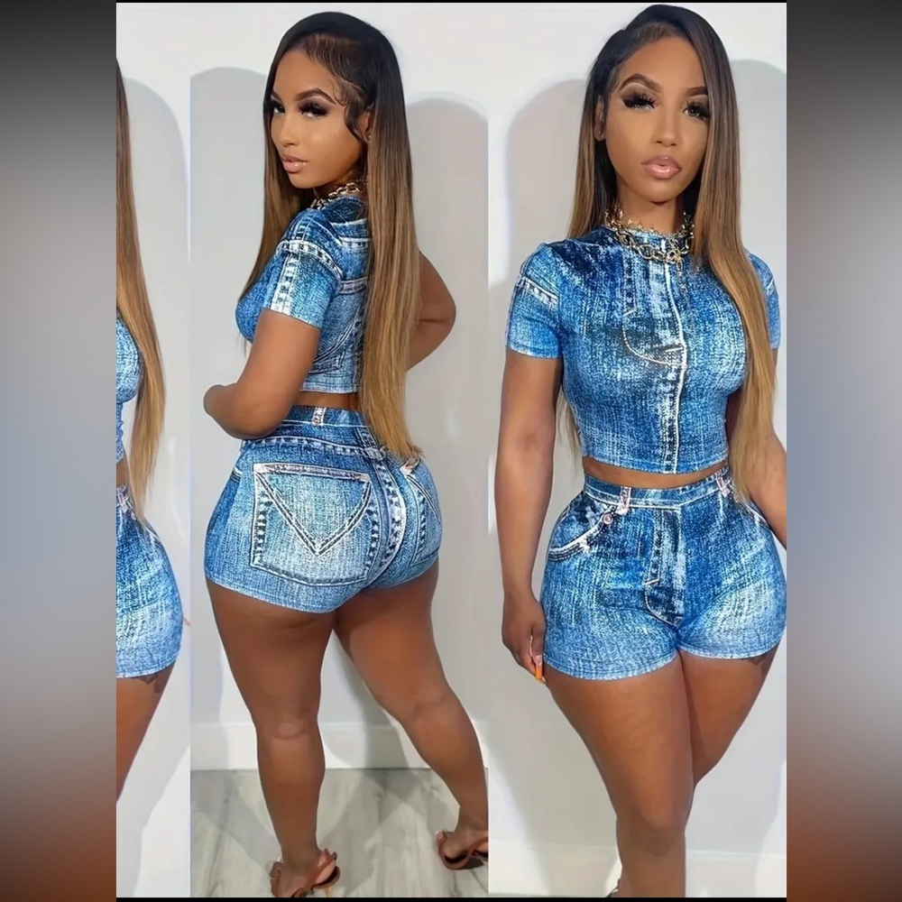 🆕 in bag, Women’s Stylish Casual Faux Blue Denim Two-Piece Set Size: Large